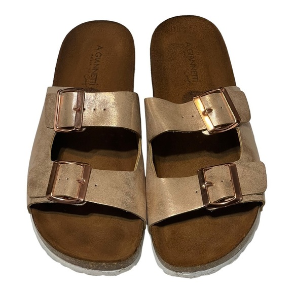 A. Giannetti Rose Gold Pin Buckle Leather Cork Slides Sz 10 Trendy Summer Sandal - Picture 1 of 8